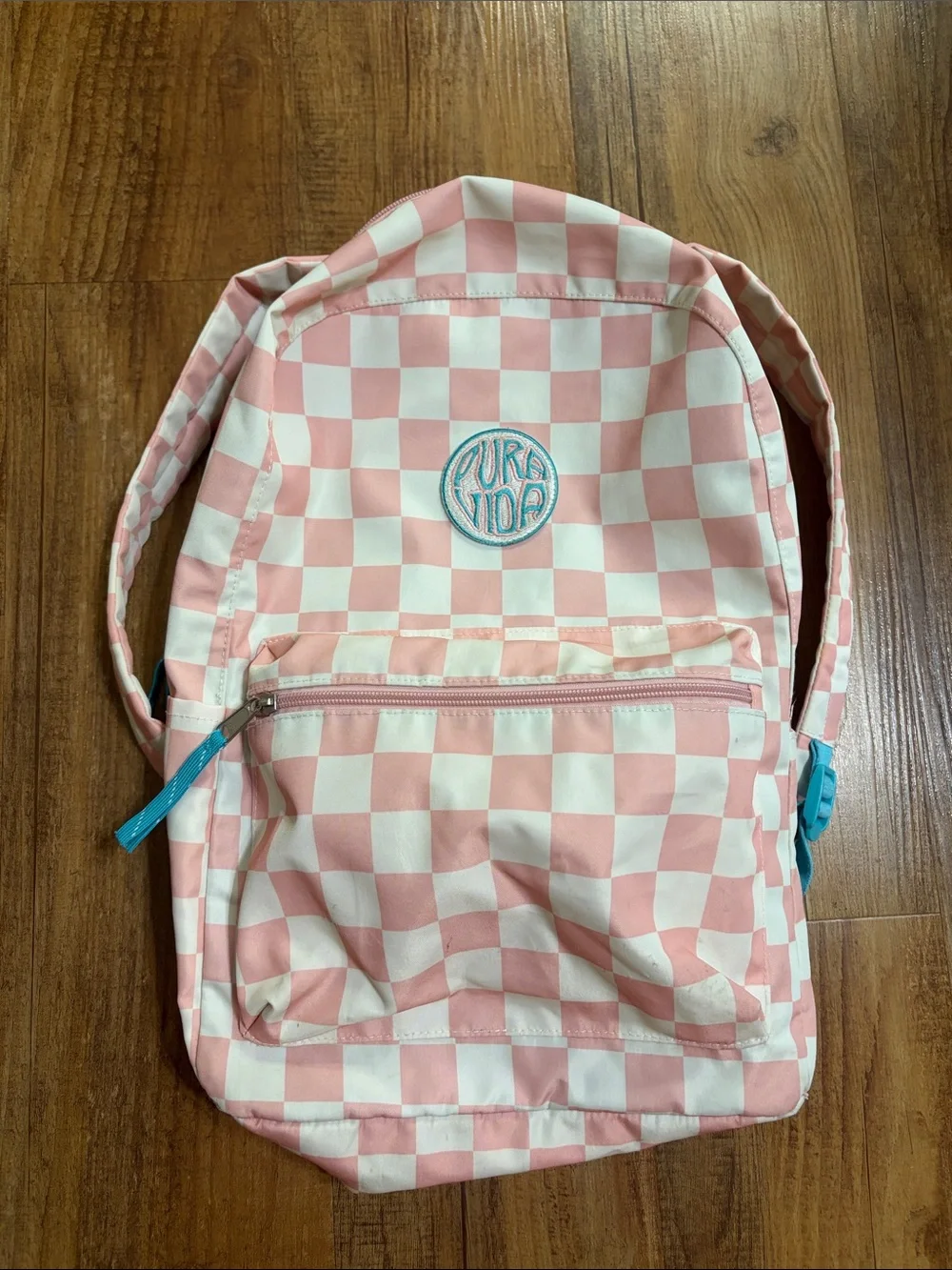 Pura Vida Pink and White Checkerboard Backpack with adjustable straps